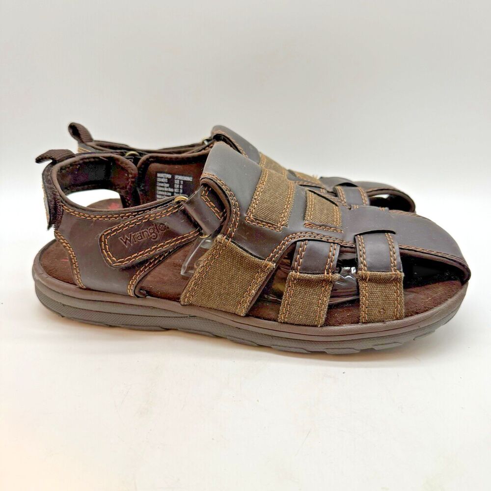 Wrangler Memory Foam Fisherman Sandals Men's 10 Brown Canvas Hook & Loop Beach